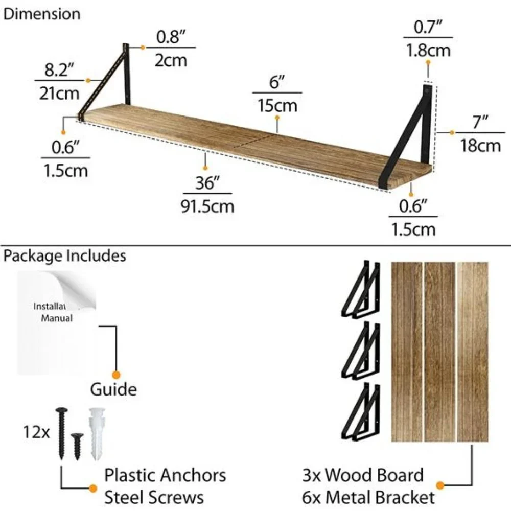 Set of 3 -Large Floating Shelves 36 inch Wall Storage, Floating Bookshelf Books